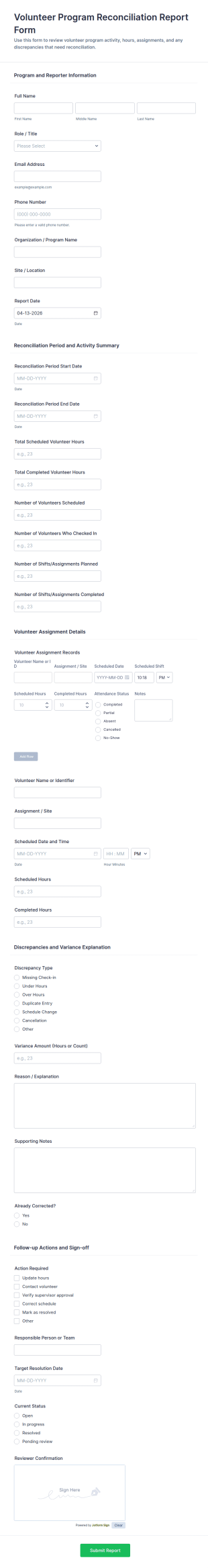Volunteer Program Reconciliation Report Form Template