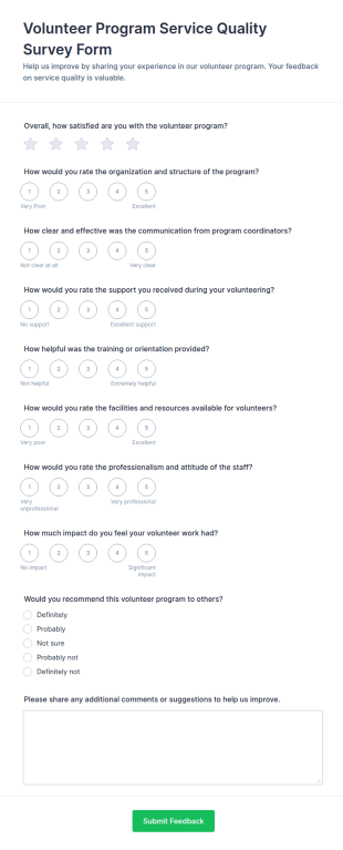 Volunteer Program Service Quality Survey Form Template