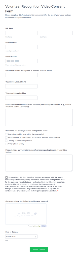 Volunteer Recognition Video Consent Form Template