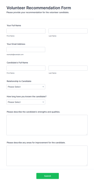 Volunteer Recommendation Form Form Template