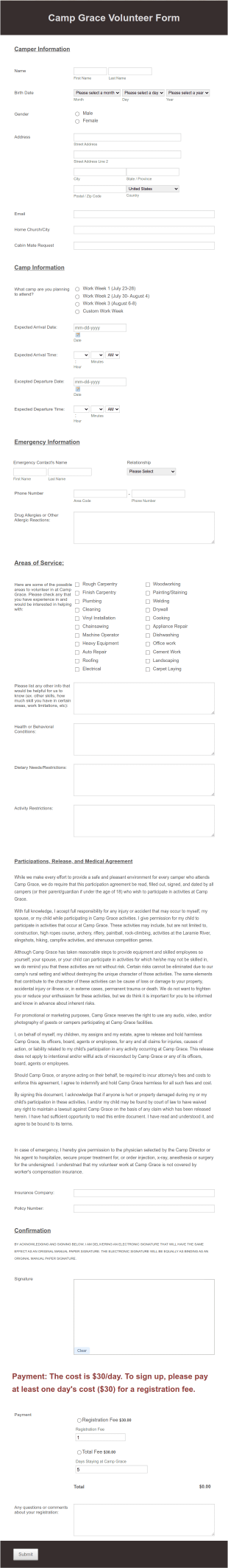 Camp Volunteer Registration Form Template
