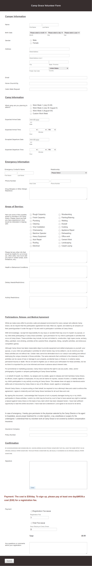 Camp Volunteer Registration Form Template
