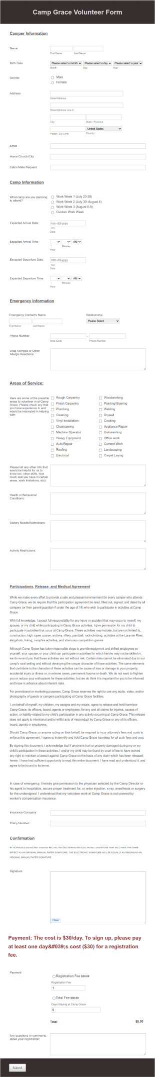 Camp Volunteer Registration Form Template