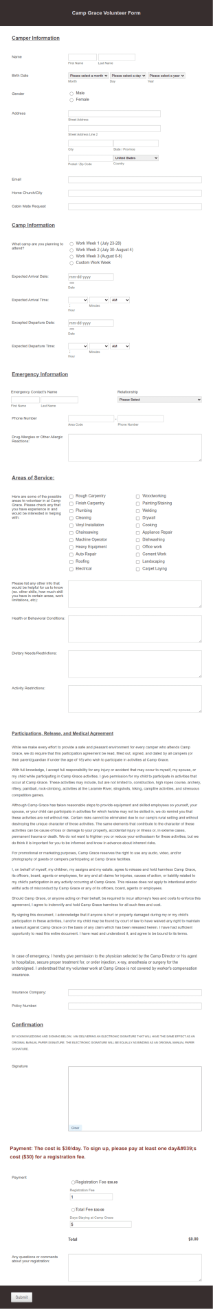 Camp Volunteer Registration Form Template