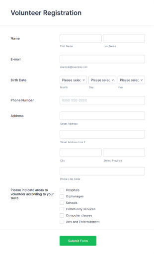 Volunteer Candidate Registration Form Template