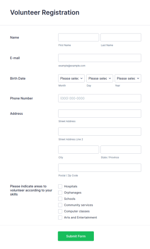 Volunteer Candidate Registration Form Template