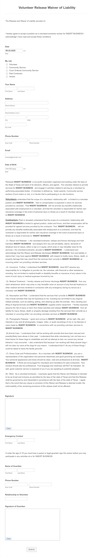Volunteer Release And Waiver Of Liability Form Template