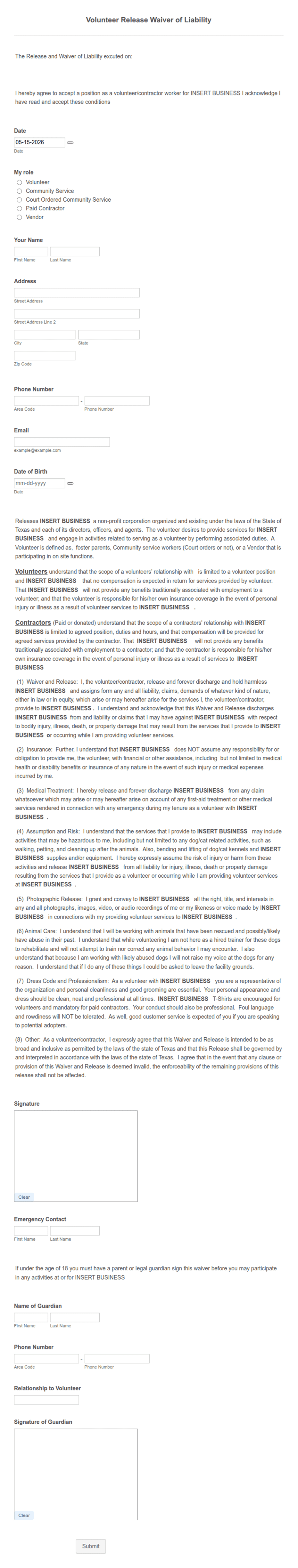 Volunteer Release and Waiver of Liability Form Template Jotform