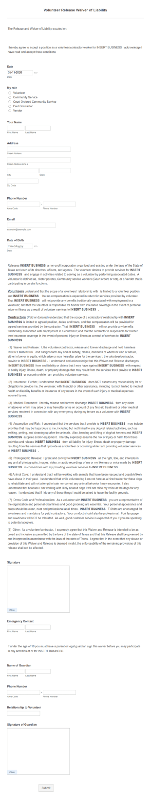 Volunteer Release And Waiver Of Liability Form Template