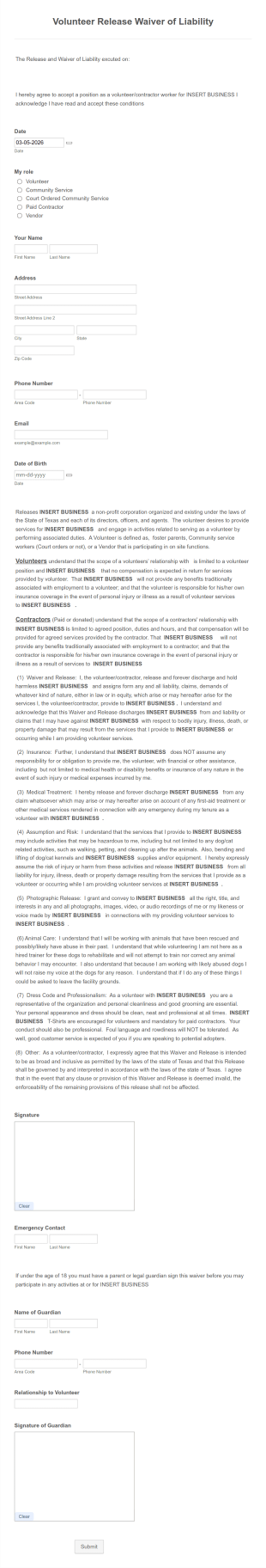 Volunteer Release And Waiver Of Liability Form Template