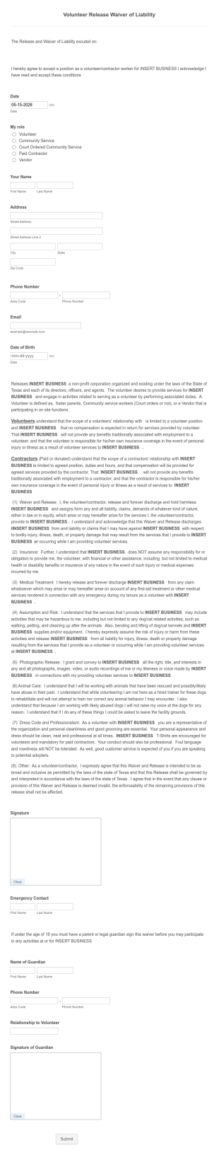 Volunteer Release And Waiver Of Liability Form Template