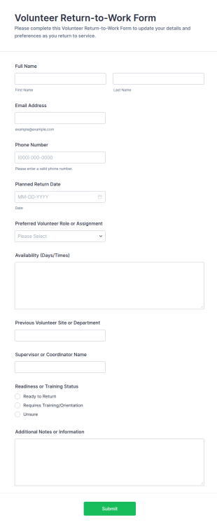 Volunteer Return To Work Form Template