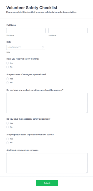 Volunteer Safety Checklist Form Template
