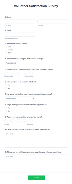 Volunteer Satisfaction Survey Form Template