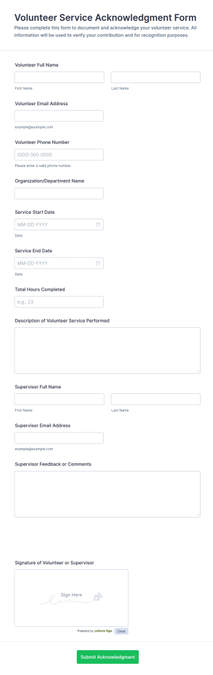 Volunteer Service Acknowledgment Form Template