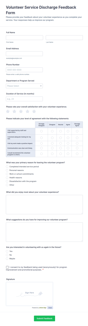 Volunteer Service Discharge Feedback Form Template