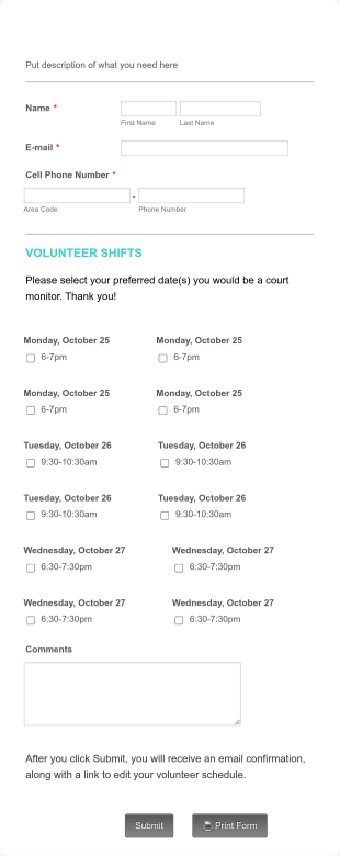 Volunteer Shifts Registration Form Template