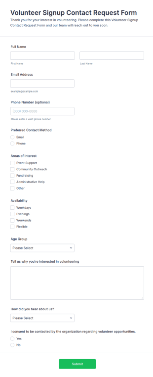 Volunteer Signup Contact Request Form Template
