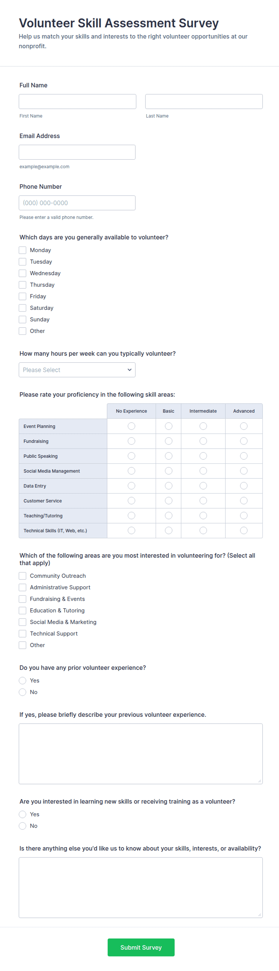 Volunteer Skill Assessment Survey Form Template | Jotform