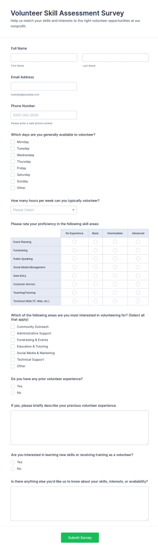 Volunteer Skill Assessment Survey Form Template