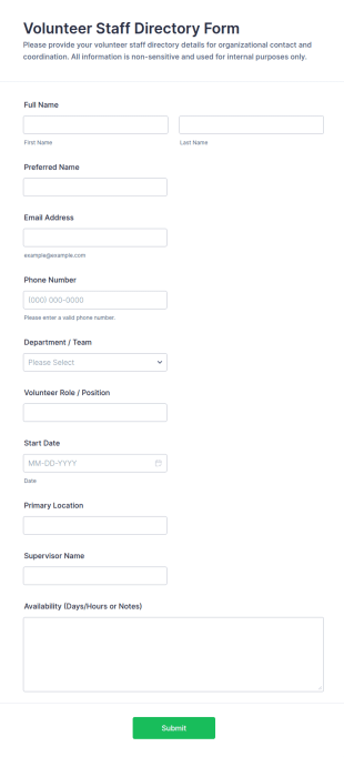 Volunteer Staff Directory Form Template