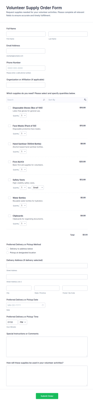 Volunteer Supply Order Form Template