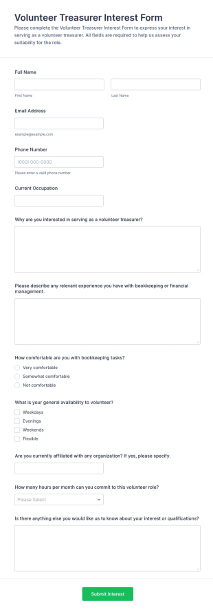 Volunteer Treasurer Interest Form Template