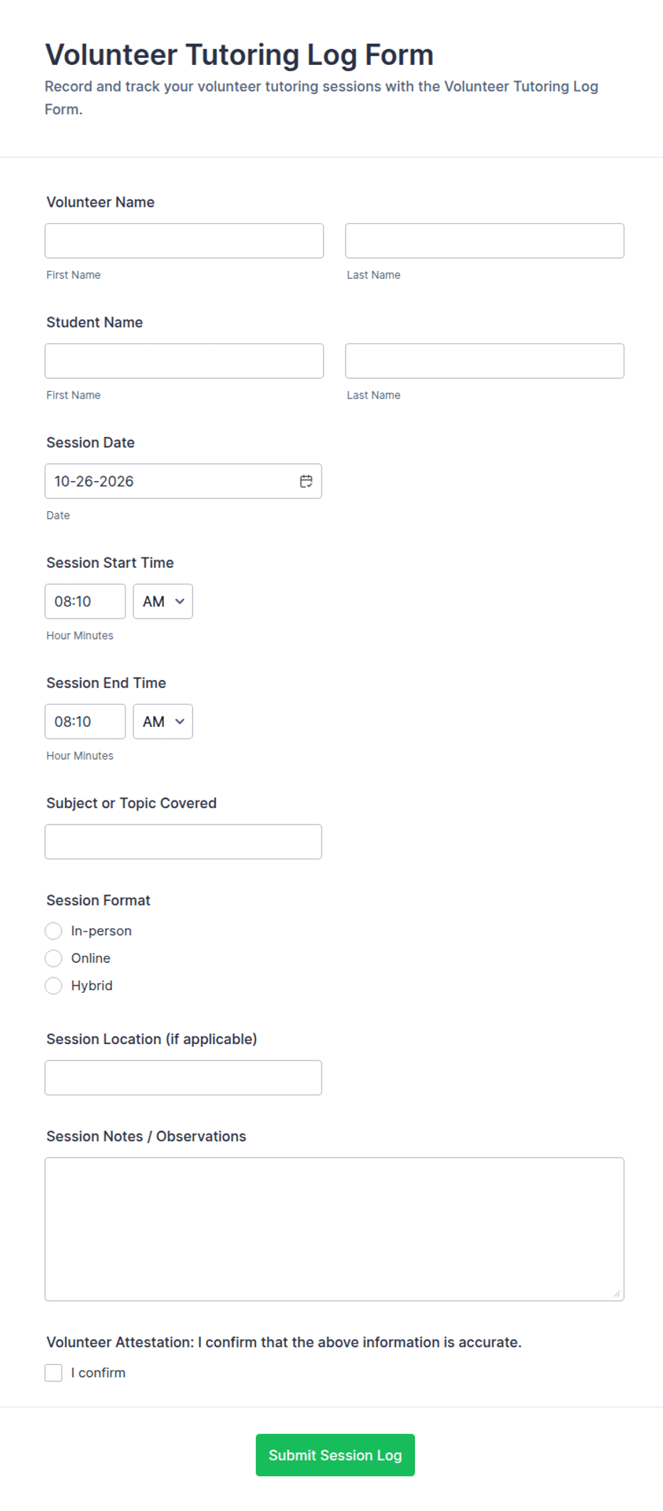 Tuter Sign Volunteer Tutoring Log Form Template | Jotform