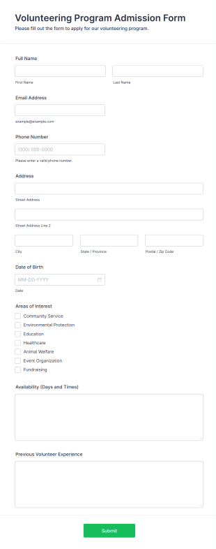 Volunteering Program Admission Form Form Template
