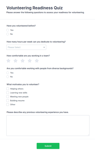 Volunteering Readiness Quiz Form Template