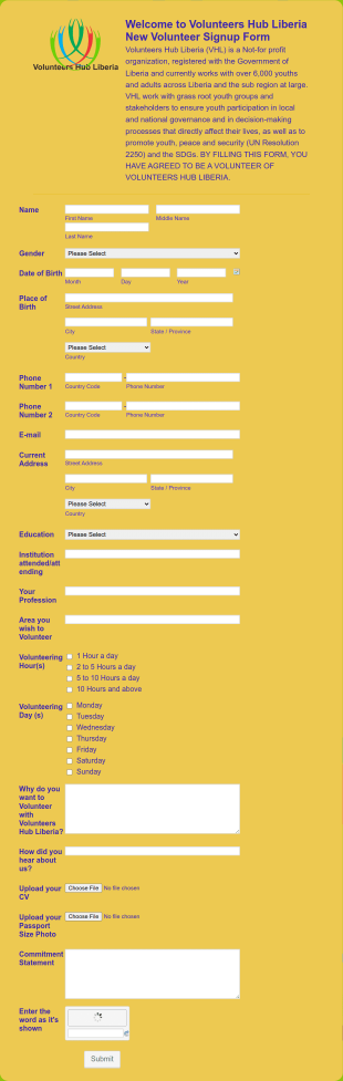 Volunteers Hub Liberia New Volunteer SignUp Form Template