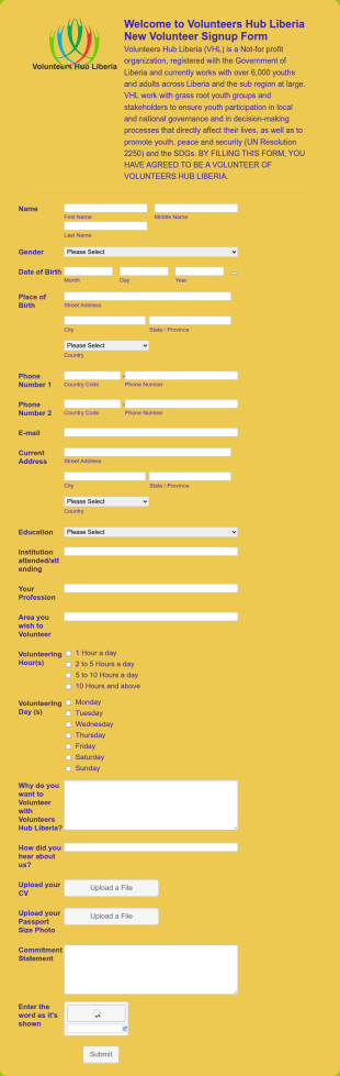 Volunteers Hub Liberia New Volunteer SignUp Form Template