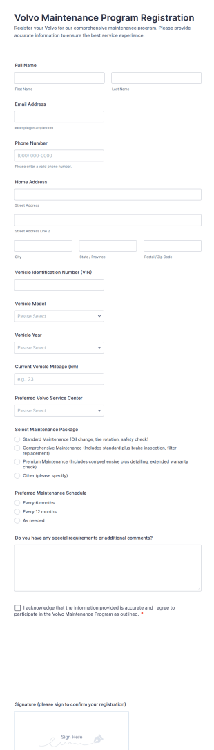 Volvo Maintenance Program Registration Form Template