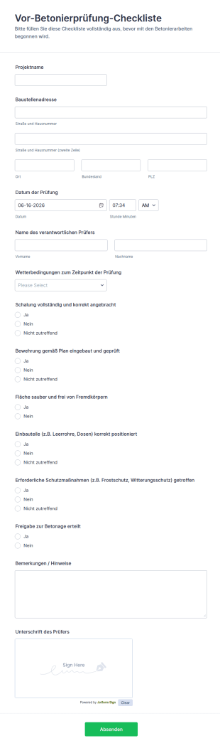 Vor Betonierprüfung Checkliste