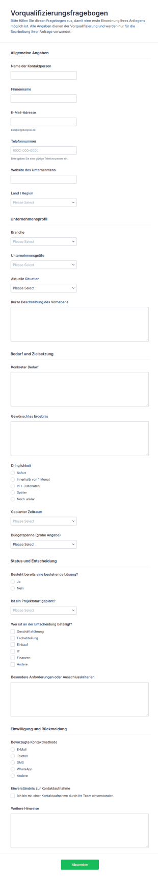 Vorauswahl Fragebogen Formular