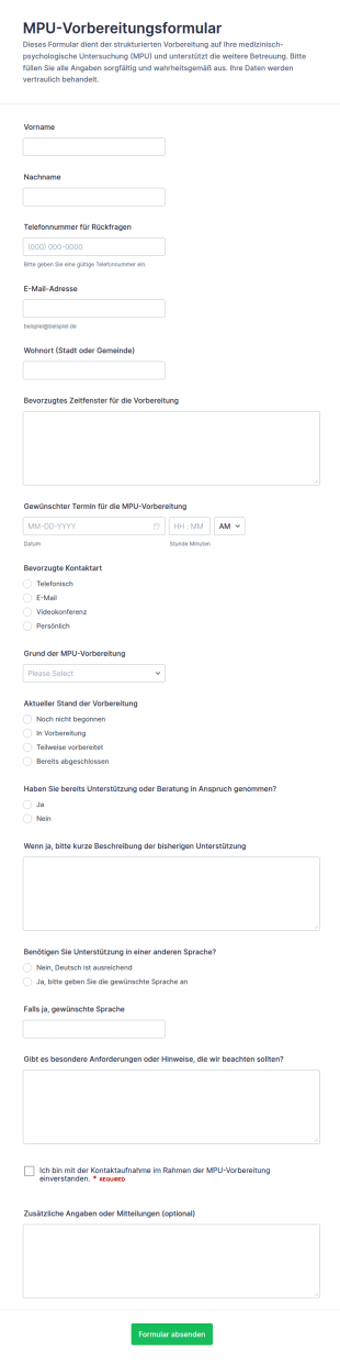 Vorbereitung Zur MPU Vereinbarung Form