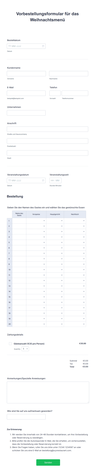Vorbestellungsformular Für Das Weihnachtsmenü