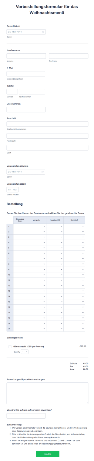 Vorbestellungsformular Für Das Weihnachtsmenü