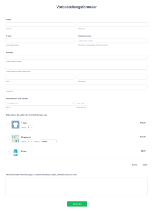 Vorbestellungsformular Form Template