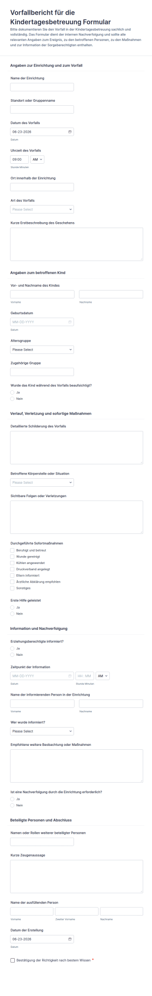 Vorfallbericht Für Die Kindertagesstätte Form