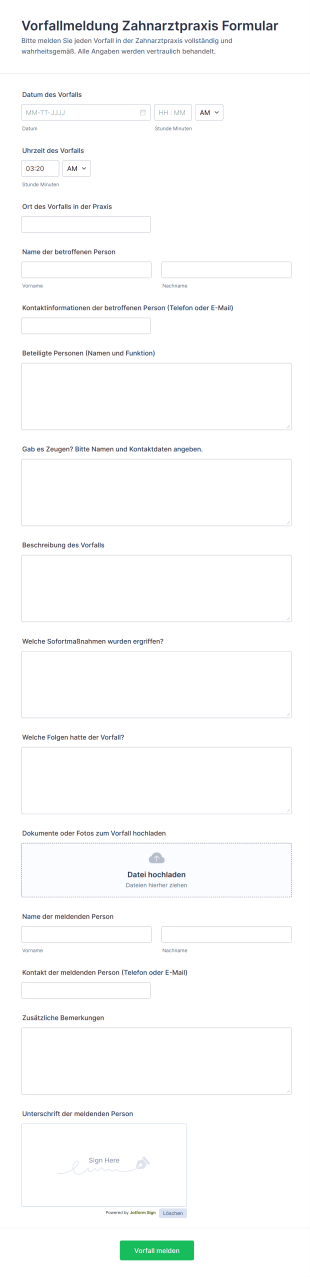 Vorfallmeldung Zahnarztpraxis Formular
