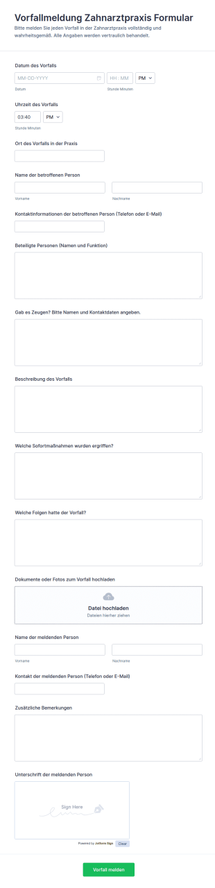 Vorfallmeldung Zahnarztpraxis Formular