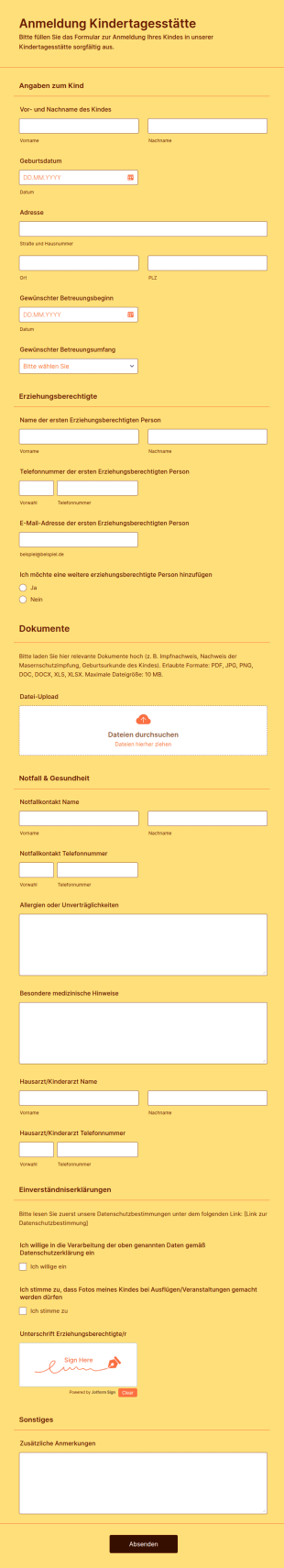Vorlage Anmeldung Kindertagesstätte