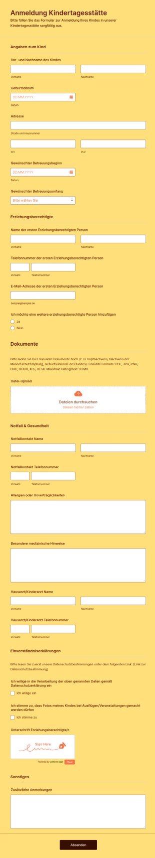 Vorlage Anmeldung Kindertagesstätte