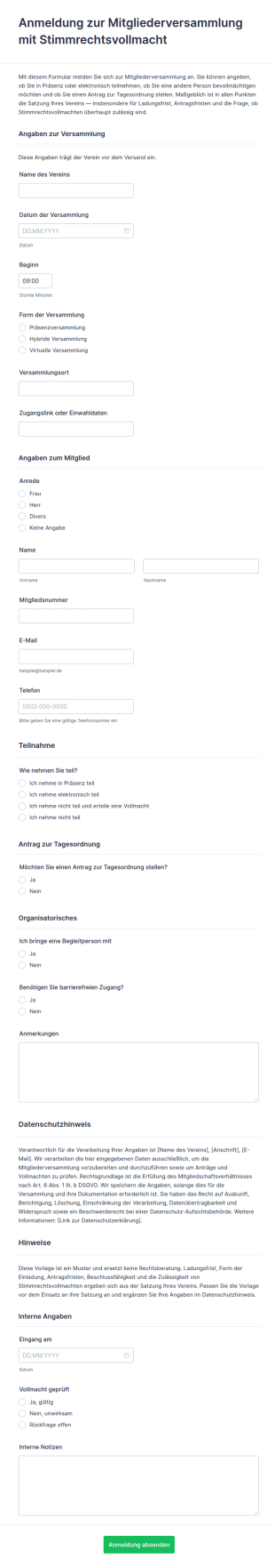 Vorlage Anmeldung Zur Mitgliederversammlung Mit Stimmrechtsvollmacht
