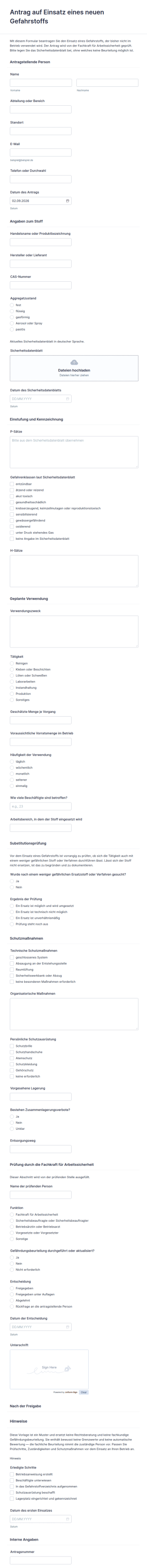 Vorlage Antrag Auf Einsatz Eines Neuen Gefahrstoffs
