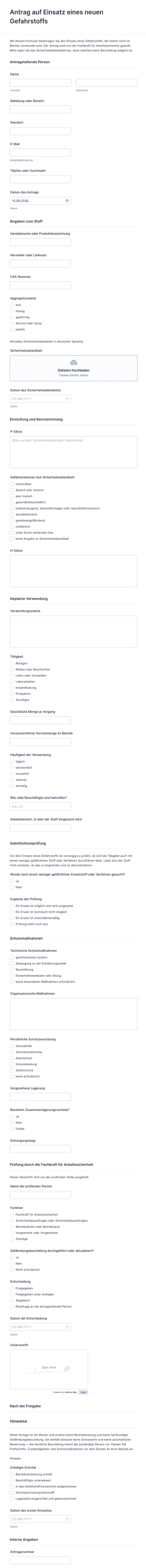 Vorlage Antrag Auf Einsatz Eines Neuen Gefahrstoffs