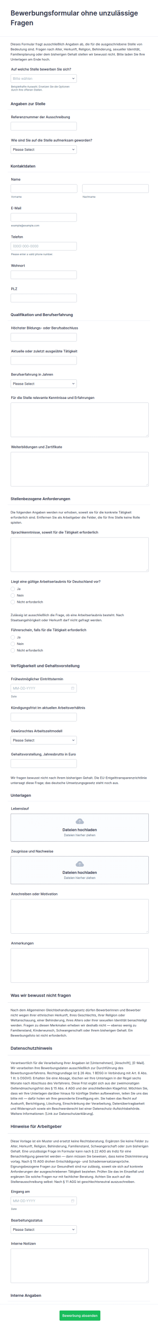 Vorlage Bewerbungsformular Ohne Unzulässige Fragen