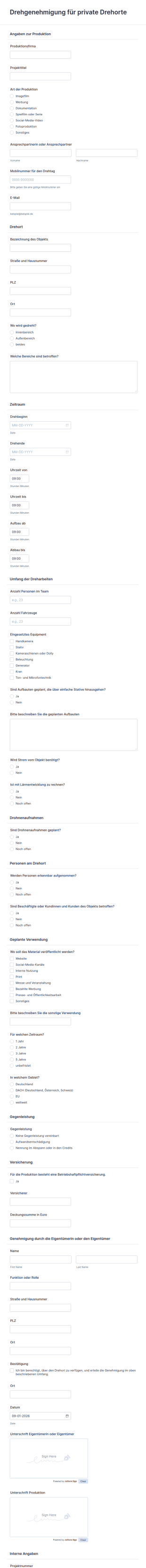 Vorlage Drehgenehmigung Für Private Drehorte