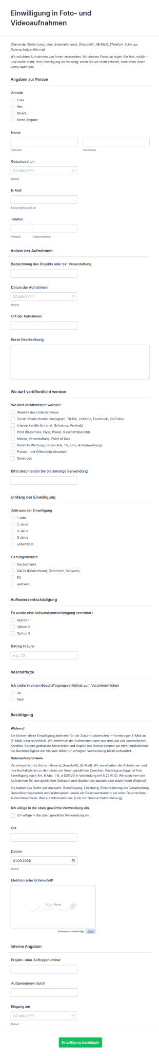 Vorlage Einwilligung Foto & Videoaufnahmen